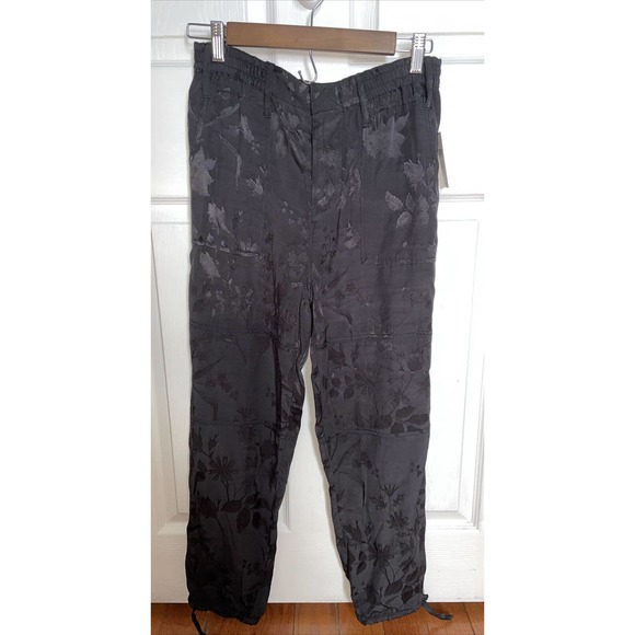 Anthropologie Pants - By Anthropologie Black Utility Pants Silk Feel Floral Print XS Crop NWT
